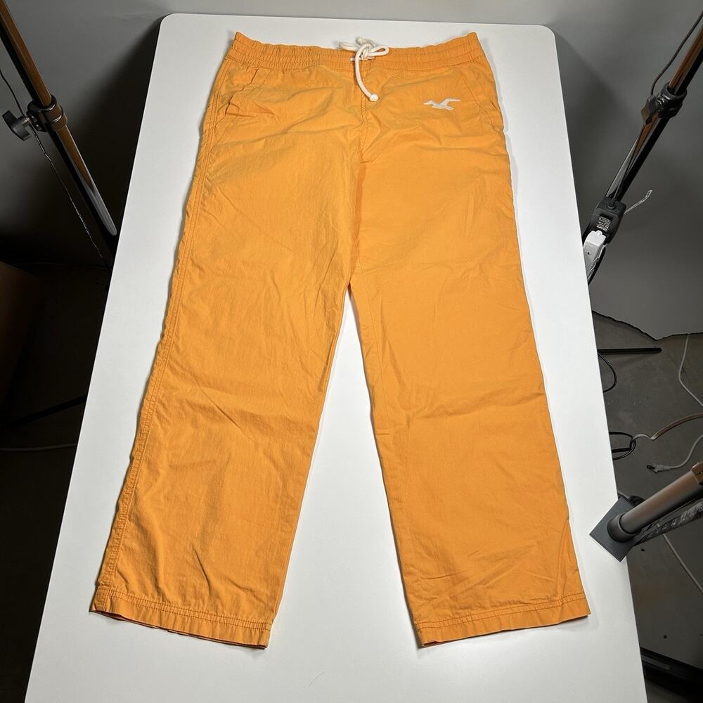 Hollister Mens M Orange Beach Pants 34x29 Drawstring Wide Leg Y2K Surf Cotton
